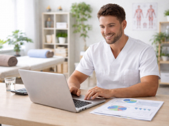 Junger Therapeut lächelt selbstbewusst am Laptop in heller Physiopraxis beim Abrechnen.
